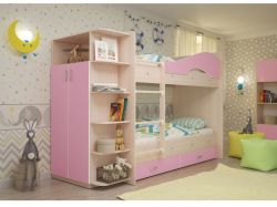 Двухъярусная кровать Мая с ящиками и шкафом дуб млечный-розовый