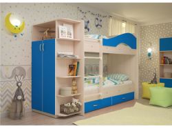 Двухъярусная кровать Мая с ящиками и шкафом дуб млечный-синий