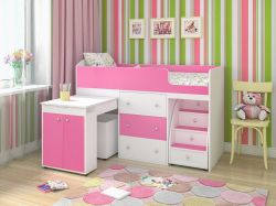 Кровать-чердак Малыш белое дерево-розовый